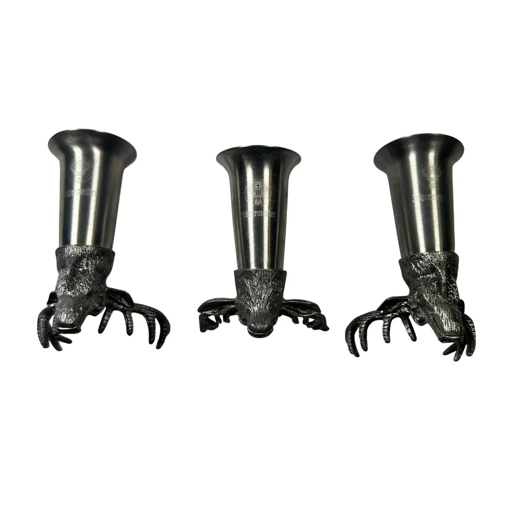 Jägermeister Pewter Shot Glasses Deer Head Antler Metal‎ Lot of 3 Barware